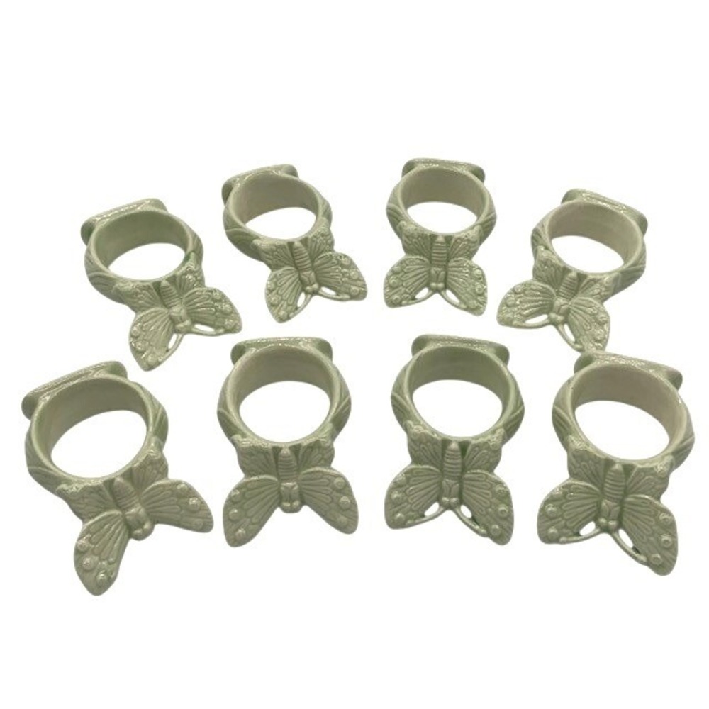 Vtg Whimsical Cottagecore Butterfly Napkin Rings Set of 8 Sage Green Ceramic